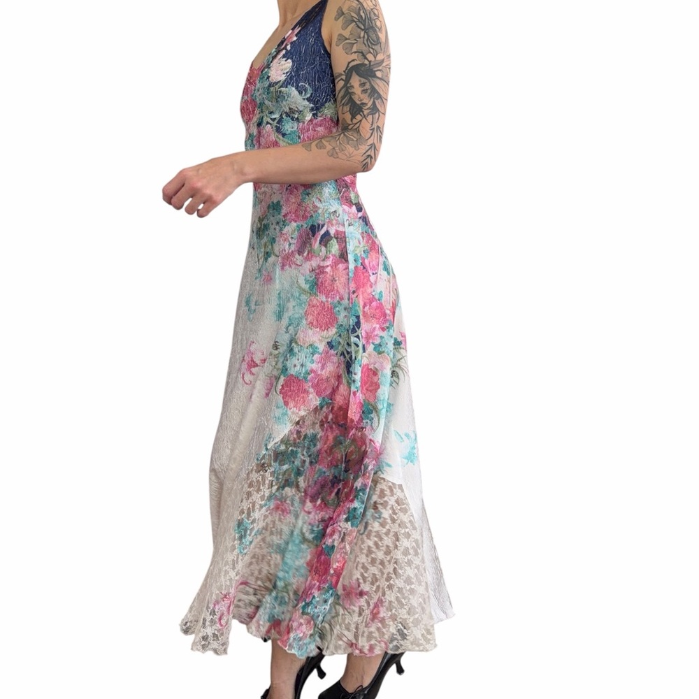 Komarov Floral Lace Maxi Dress Crinkle Satin Corset Back Cottagecore Romantic SM - Picture 3 of 15